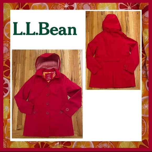 L.L Bean Red Trench Coat with Hood Fully Lined in Citrus 🍊 Pattern Size S - Picture 2 of 14
